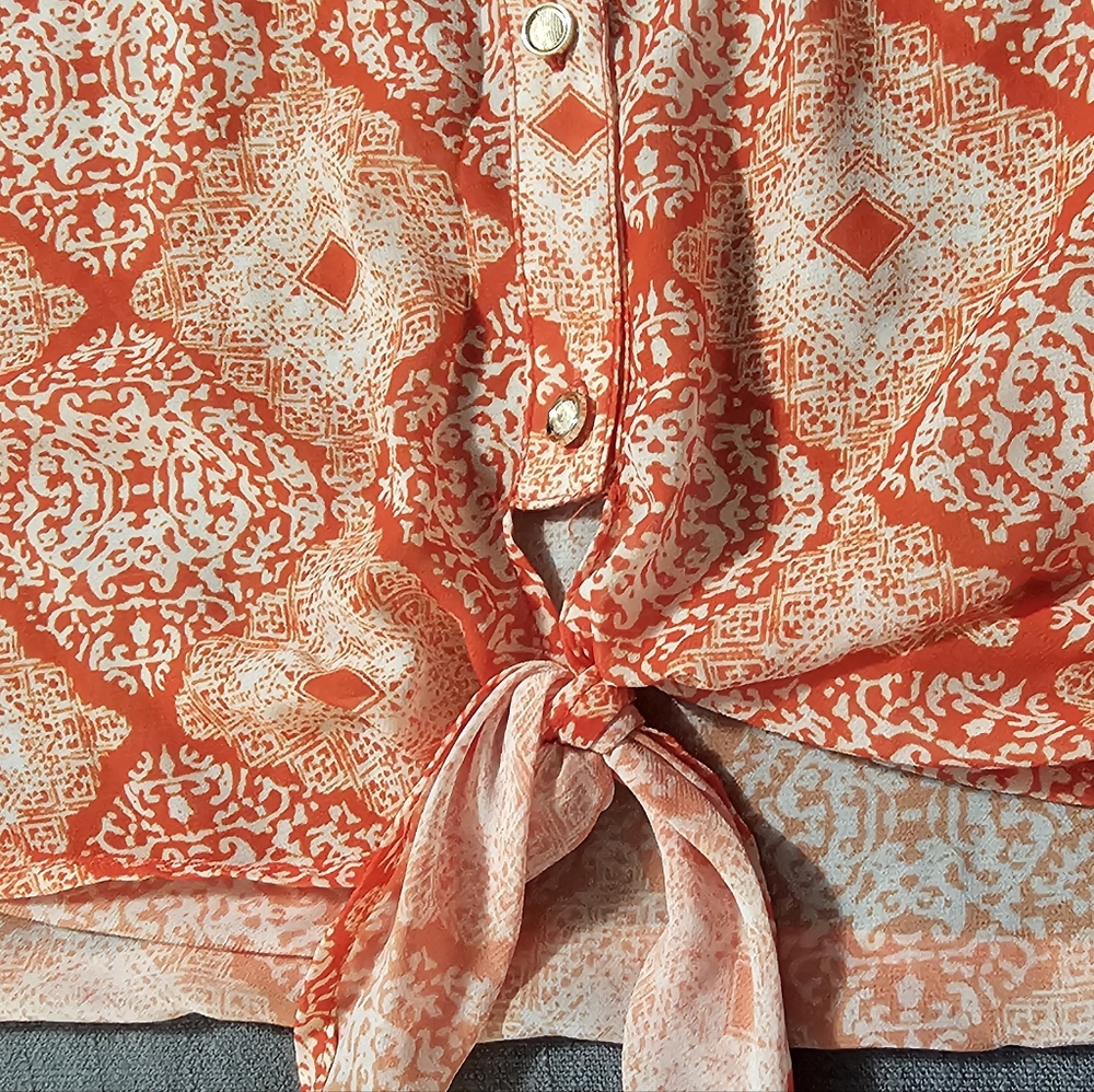 Kut From The Kloth | Orange Geometric Sheer Button Down Blouse - Picture 9 of 10